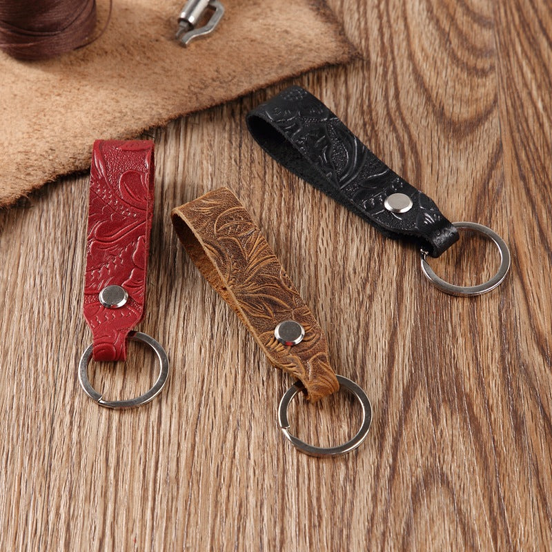 Wholesale Carved Cowhide Genuine Leather Keychain for Car