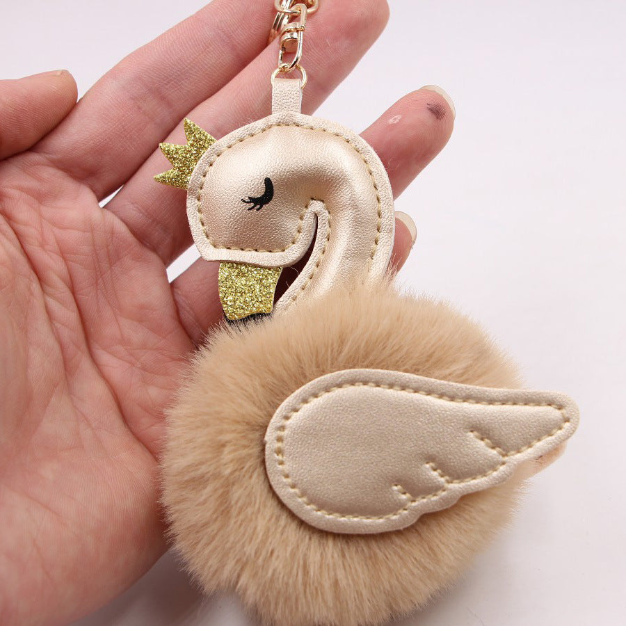Wholesale Swan Plush Pom Pom Keychain Khaki Champagne Faux Wool Pendant For Bag Wallet Car Key Boutique Resale Accessory