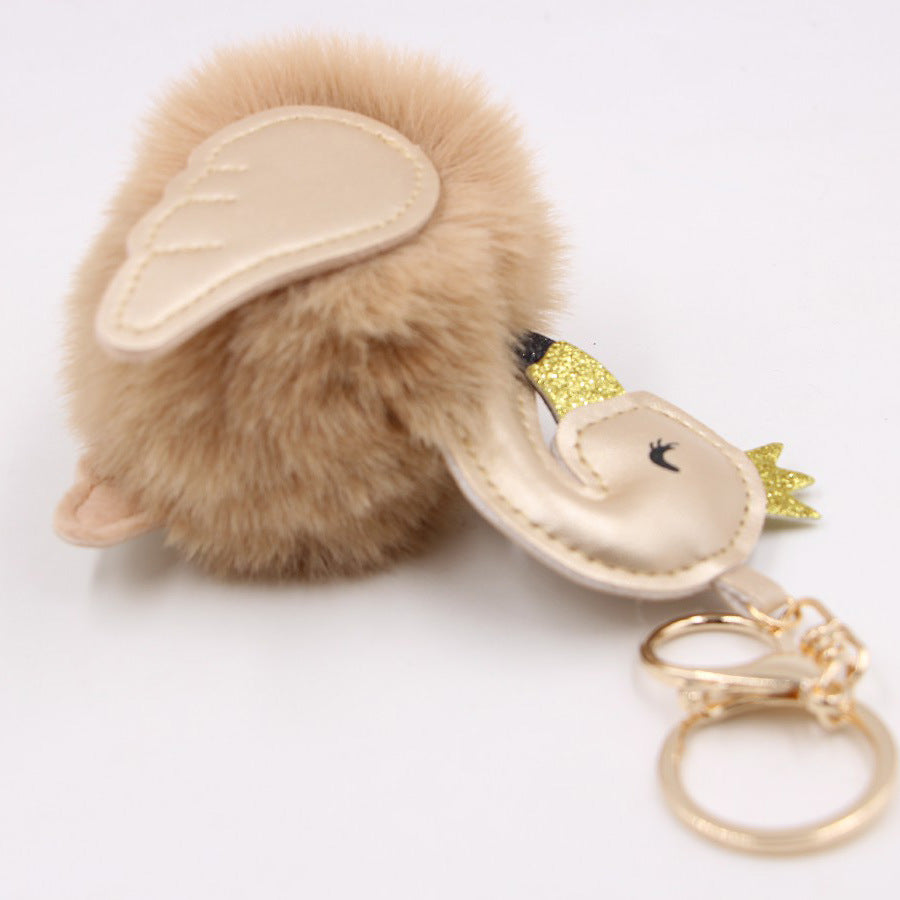 Wholesale Swan Plush Pom Pom Keychain Khaki Champagne Faux Wool Pendant For Bag Wallet Car Key Boutique Resale Accessory
