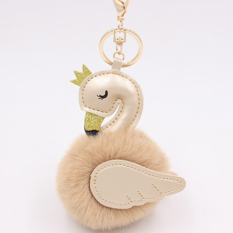 Wholesale Swan Plush Pom Pom Keychain Khaki Champagne Faux Wool Pendant For Bag Wallet Car Key Boutique Resale Accessory