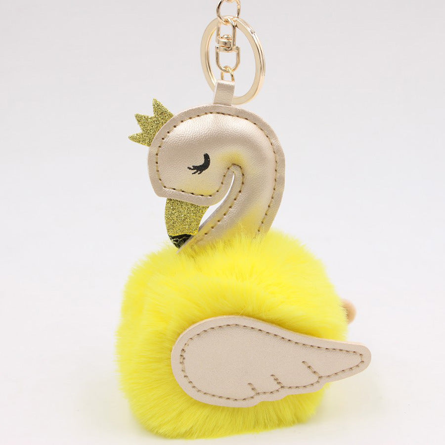 Wholesale Swan Plush Pom Pom Keychain Khaki Champagne Faux Wool Pendant For Bag Wallet Car Key Boutique Resale Accessory