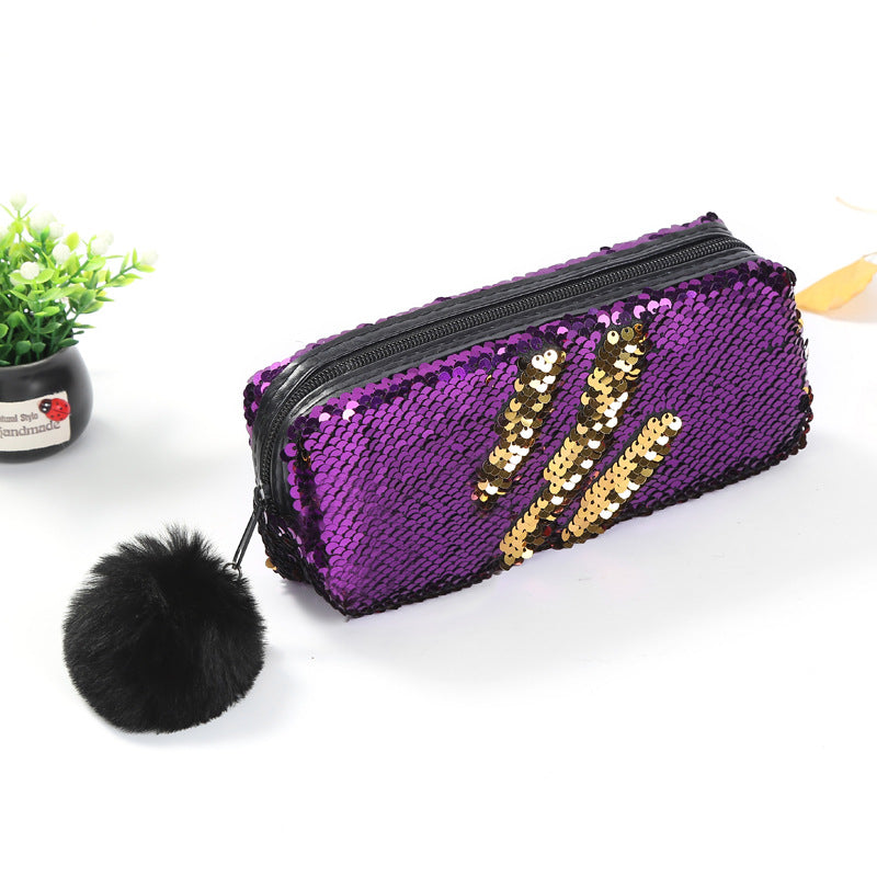 Wholesale Fur Ball Sequin Pencil Case Cosmetic Bag