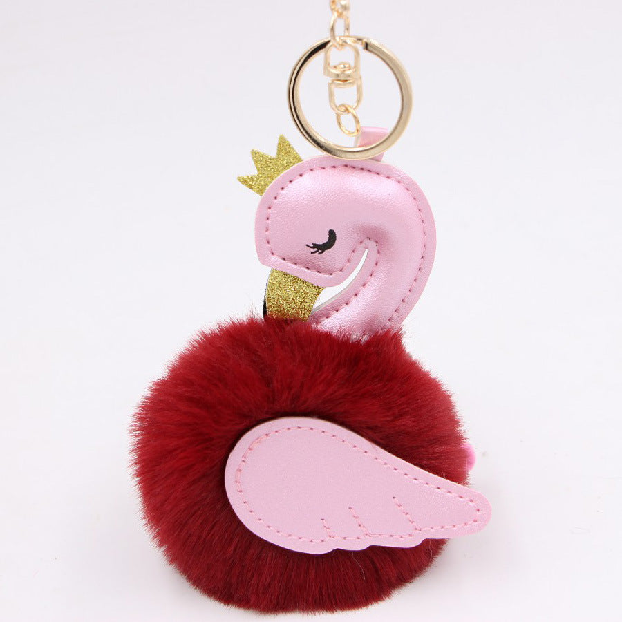Wholesale Swan Plush Pom Pom Keychain Khaki Champagne Faux Wool Pendant For Bag Wallet Car Key Boutique Resale Accessory