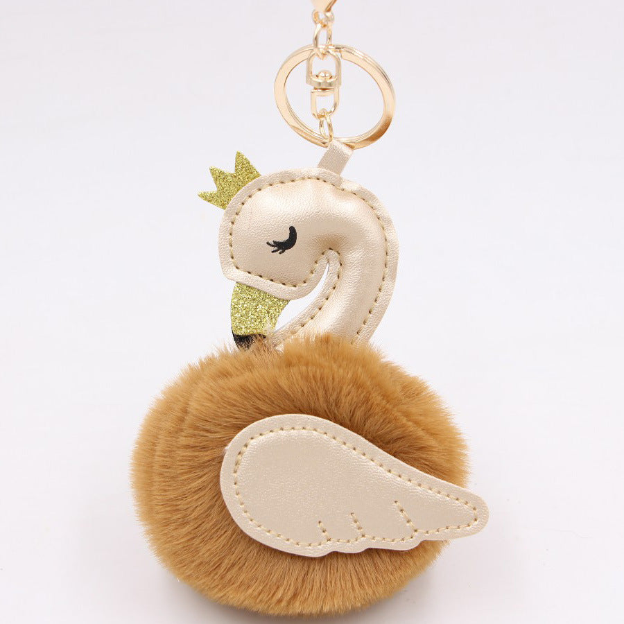 Wholesale Swan Plush Pom Pom Keychain Khaki Champagne Faux Wool Pendant For Bag Wallet Car Key Boutique Resale Accessory