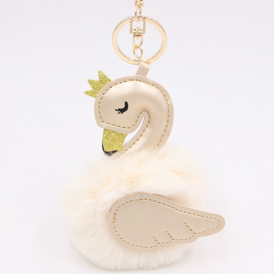 Wholesale Swan Plush Pom Pom Keychain Khaki Champagne Faux Wool Pendant For Bag Wallet Car Key Boutique Resale Accessory