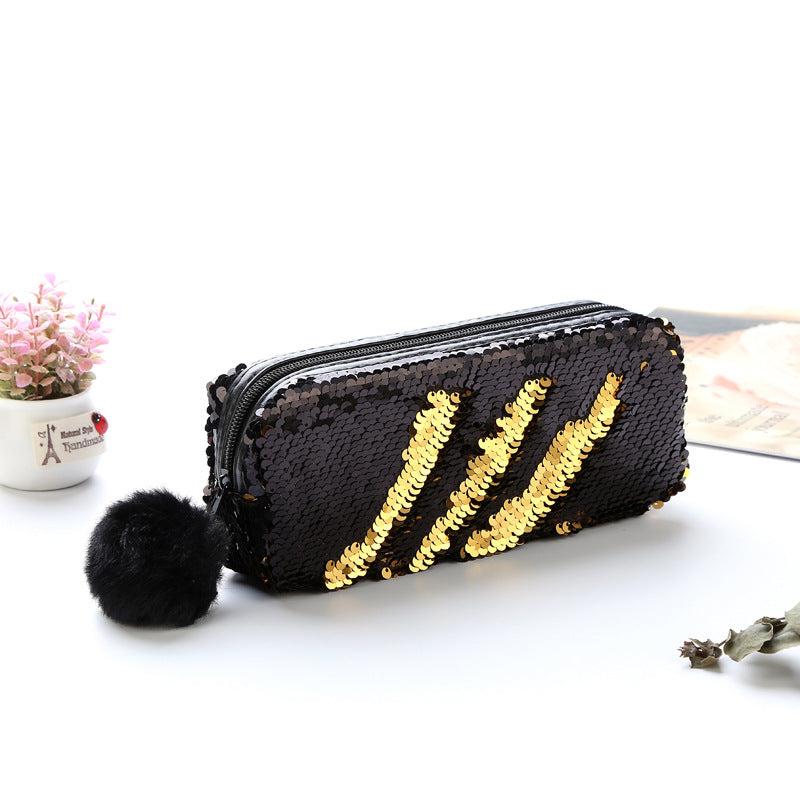 Wholesale Fur Ball Sequin Pencil Case Cosmetic Bag