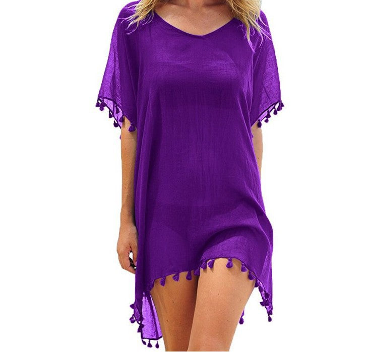Wholesale Round Neck Chiffon Tassel Dress Loose Cover Up