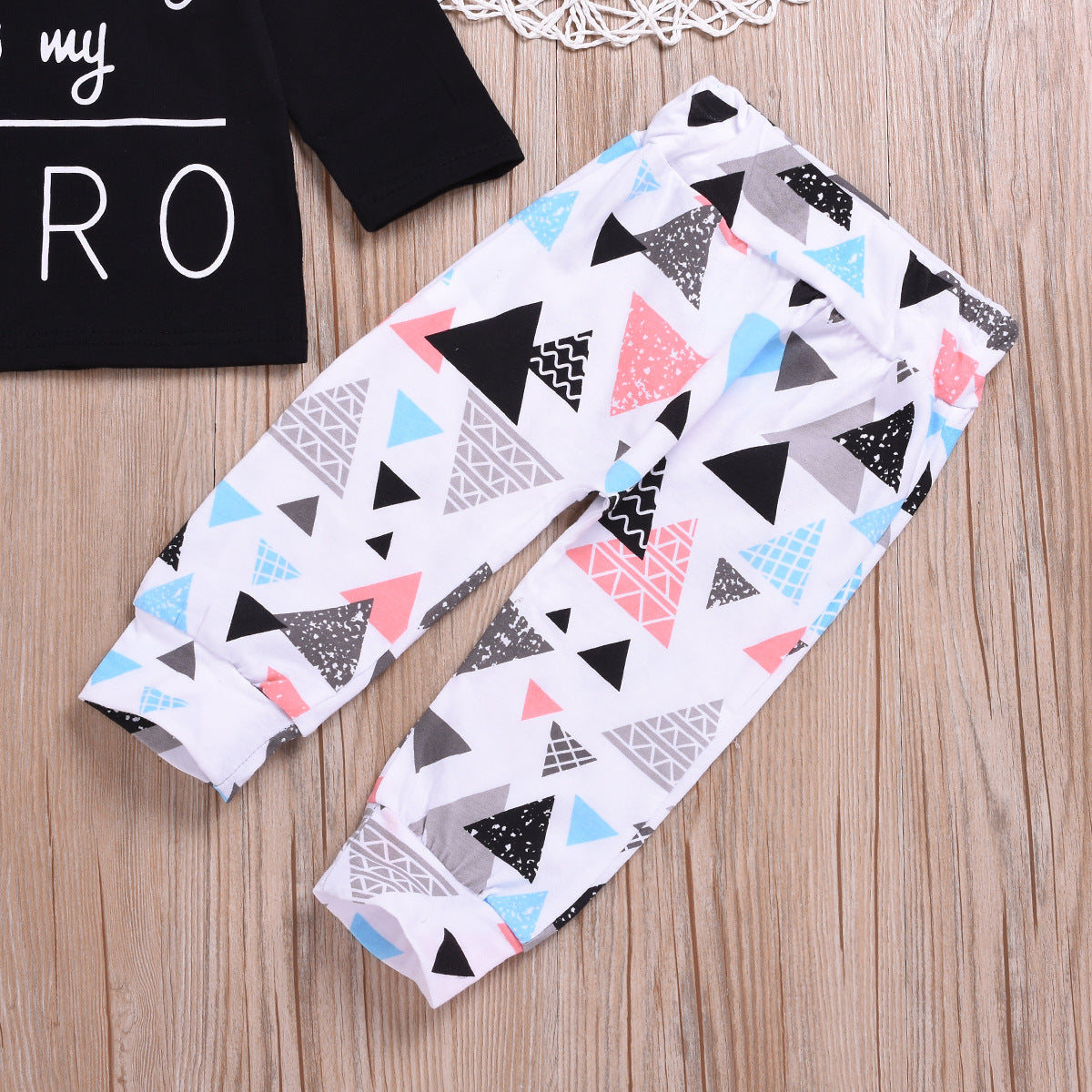 Wholesale Cotton Children's Letter Printed Long Sleeved Top Triangle Printed Pants Headband Three Piece Set