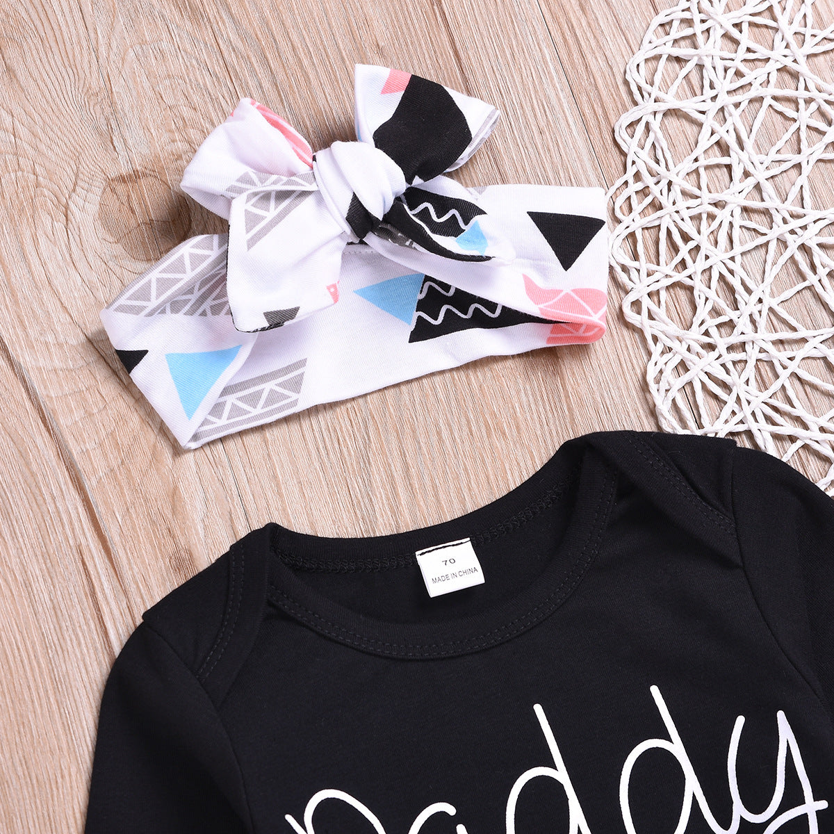 Wholesale Cotton Children's Letter Printed Long Sleeved Top Triangle Printed Pants Headband Three Piece Set