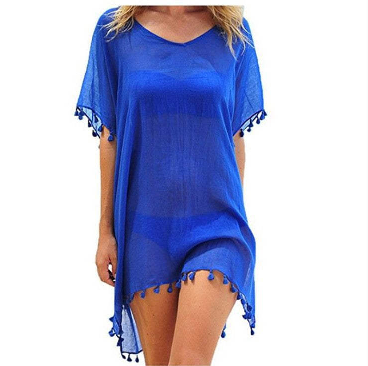 Wholesale Round Neck Chiffon Tassel Dress Loose Cover Up