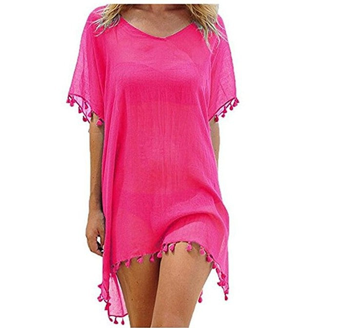 Wholesale Round Neck Chiffon Tassel Dress Loose Cover Up