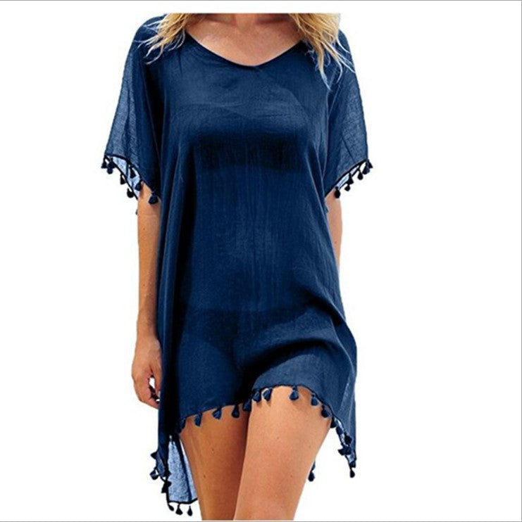 Wholesale Round Neck Chiffon Tassel Dress Loose Cover Up