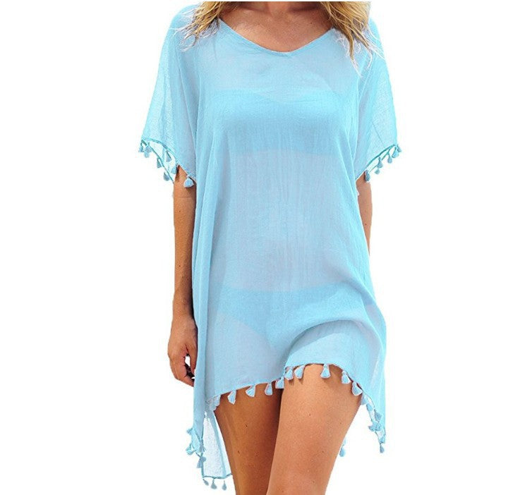 Wholesale Round Neck Chiffon Tassel Dress Loose Cover Up