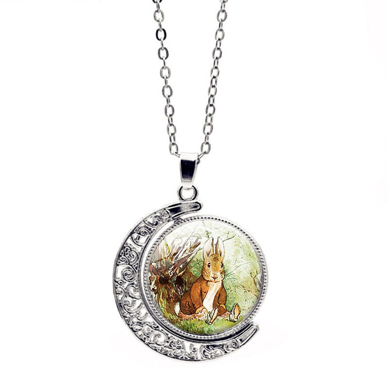 Wholesale Easter Rabbit Time Gemstone Double Sided Rotating Moon Pendant Alloy Necklace