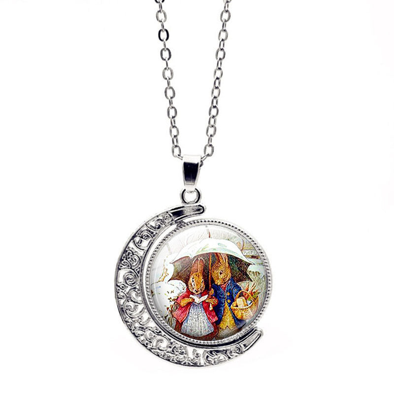 Wholesale Easter Rabbit Time Gemstone Double Sided Rotating Moon Pendant Alloy Necklace