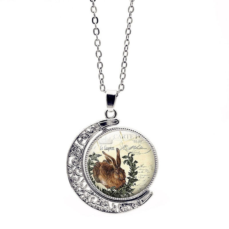 Wholesale Easter Rabbit Time Gemstone Double Sided Rotating Moon Pendant Alloy Necklace