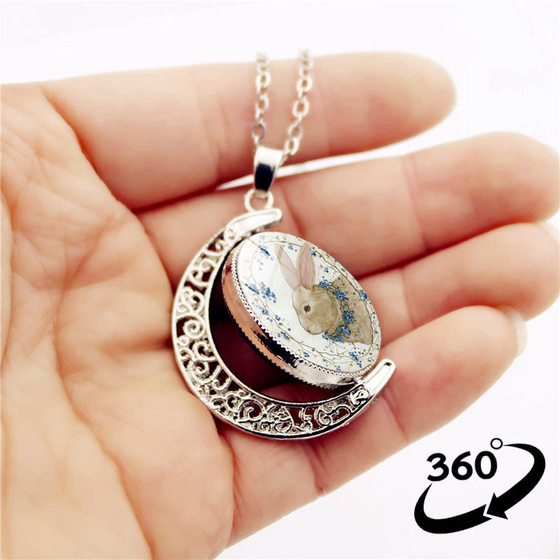 Wholesale Easter Rabbit Time Gemstone Double Sided Rotating Moon Pendant Alloy Necklace