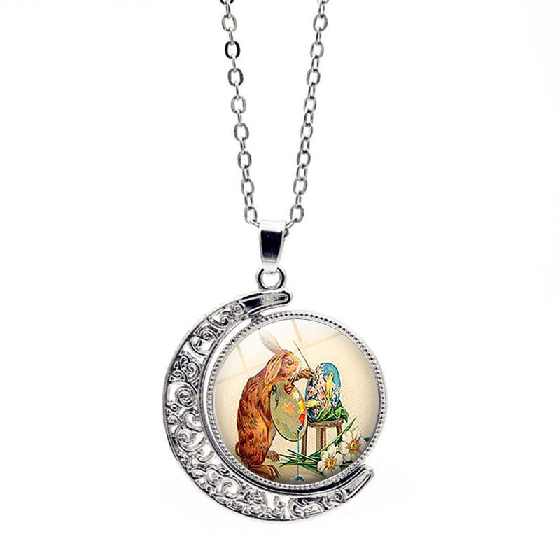 Wholesale Easter Rabbit Time Gemstone Double Sided Rotating Moon Pendant Alloy Necklace