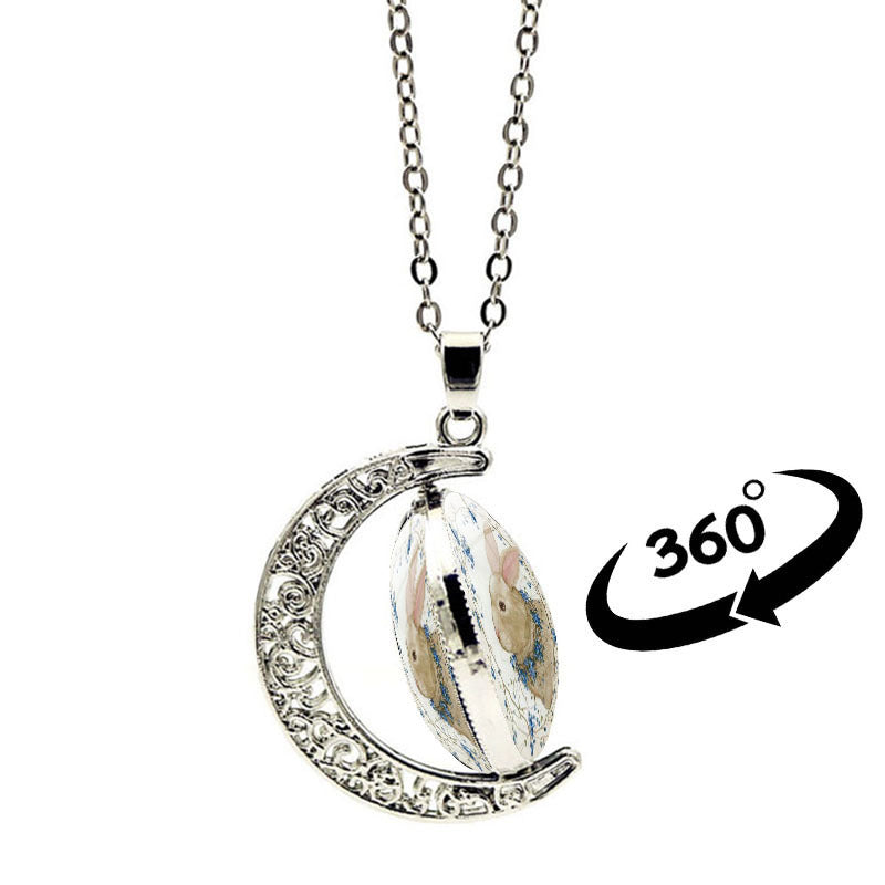 Wholesale Easter Rabbit Time Gemstone Double Sided Rotating Moon Pendant Alloy Necklace