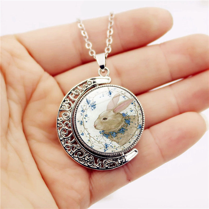 Wholesale Easter Rabbit Time Gemstone Double Sided Rotating Moon Pendant Alloy Necklace