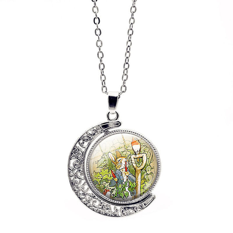 Wholesale Easter Rabbit Time Gemstone Double Sided Rotating Moon Pendant Alloy Necklace