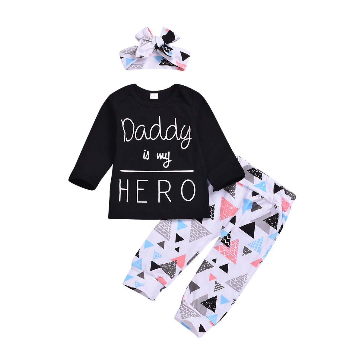 Wholesale Cotton Children's Letter Printed Long Sleeved Top Triangle Printed Pants Headband Three Piece Set