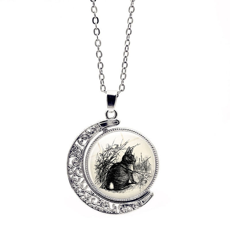 Wholesale Easter Rabbit Time Gemstone Double Sided Rotating Moon Pendant Alloy Necklace