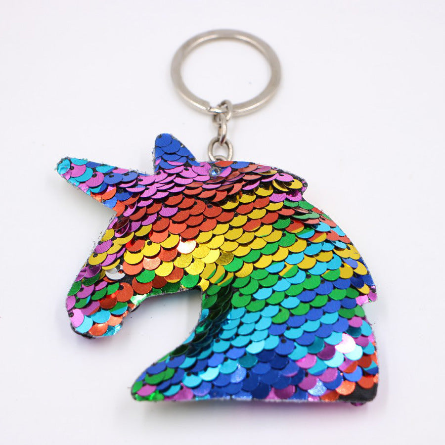 Wholesale Stylish Double Sided Sequined Unicorn Horse Head Keychain Bag Charm Car Key Accessory Party Gift