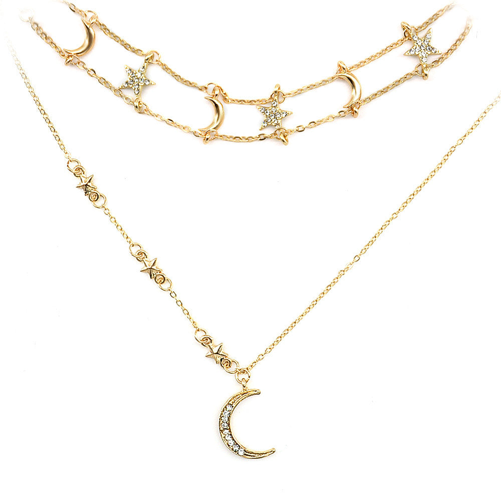 Wholesale Full diamond popular personality five-pointed star moon combination multi-layer women's necklace