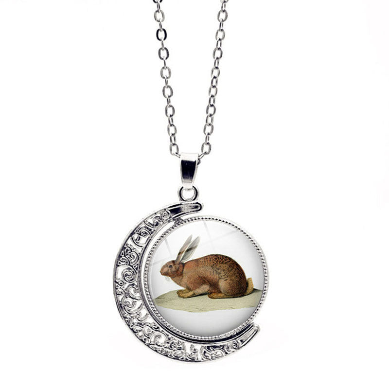 Wholesale Easter Rabbit Time Gemstone Double Sided Rotating Moon Pendant Alloy Necklace