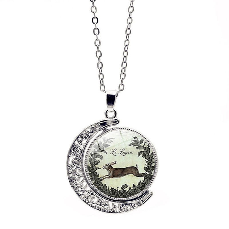 Wholesale Easter Rabbit Time Gemstone Double Sided Rotating Moon Pendant Alloy Necklace