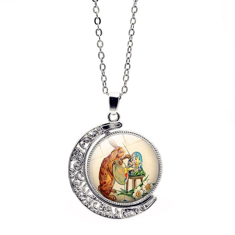 Wholesale Easter Rabbit Time Gemstone Double Sided Rotating Moon Pendant Alloy Necklace