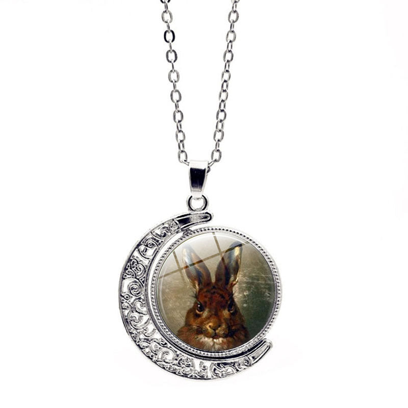 Wholesale Easter Rabbit Time Gemstone Double Sided Rotating Moon Pendant Alloy Necklace