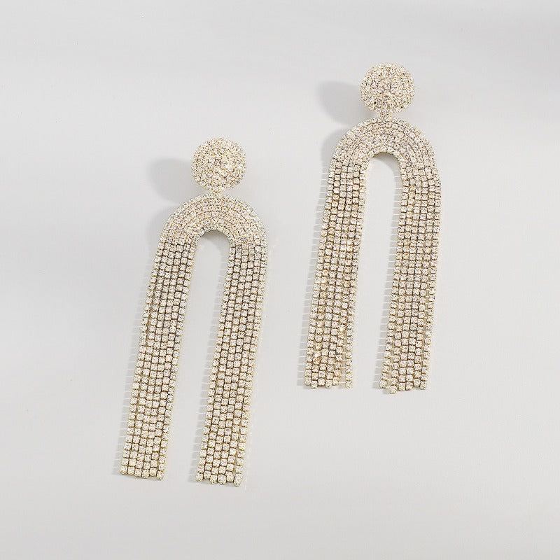 Wholesale U-shaped Full Diamond Tassel Earrings