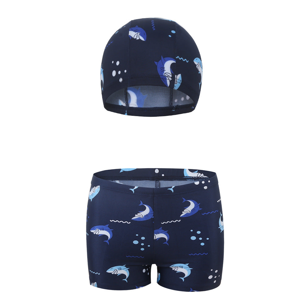 Wholesale Children's Swim Trunks Boys Shark Swim Cap Two Piece Set Swimwear