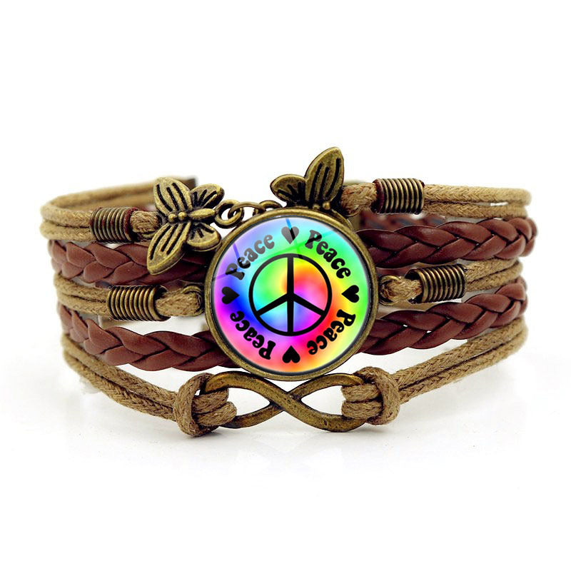 Wholesale Peace Sign Time Stone Butterfly Hand Woven alloy Bracelet