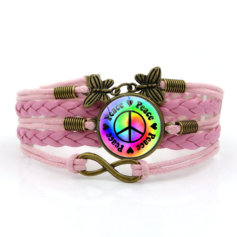 Wholesale Peace Sign Time Stone Butterfly Hand Woven alloy Bracelet