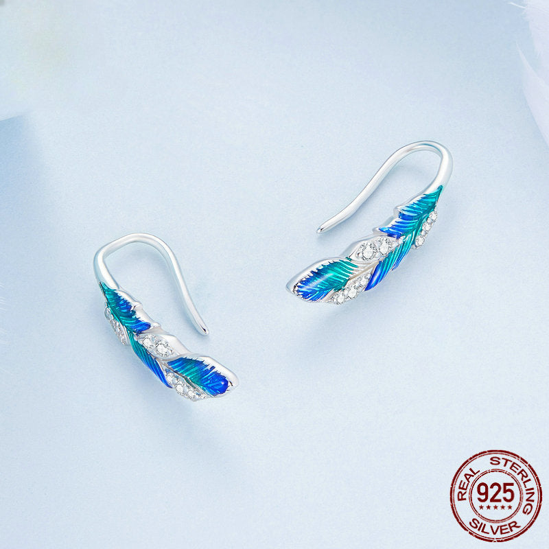 Wholesale S925 Sterling Silver Dazzling Blue Feather Earrings Ring