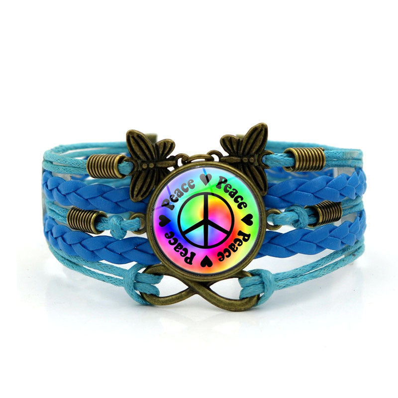 Wholesale Peace Sign Time Stone Butterfly Hand Woven alloy Bracelet