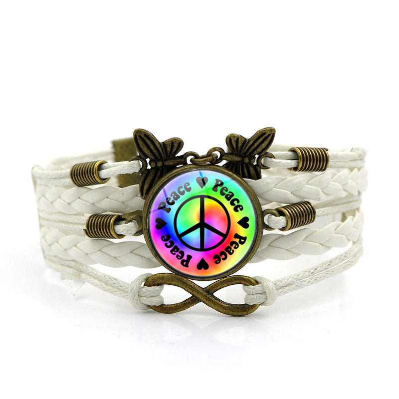 Wholesale Peace Sign Time Stone Butterfly Hand Woven alloy Bracelet