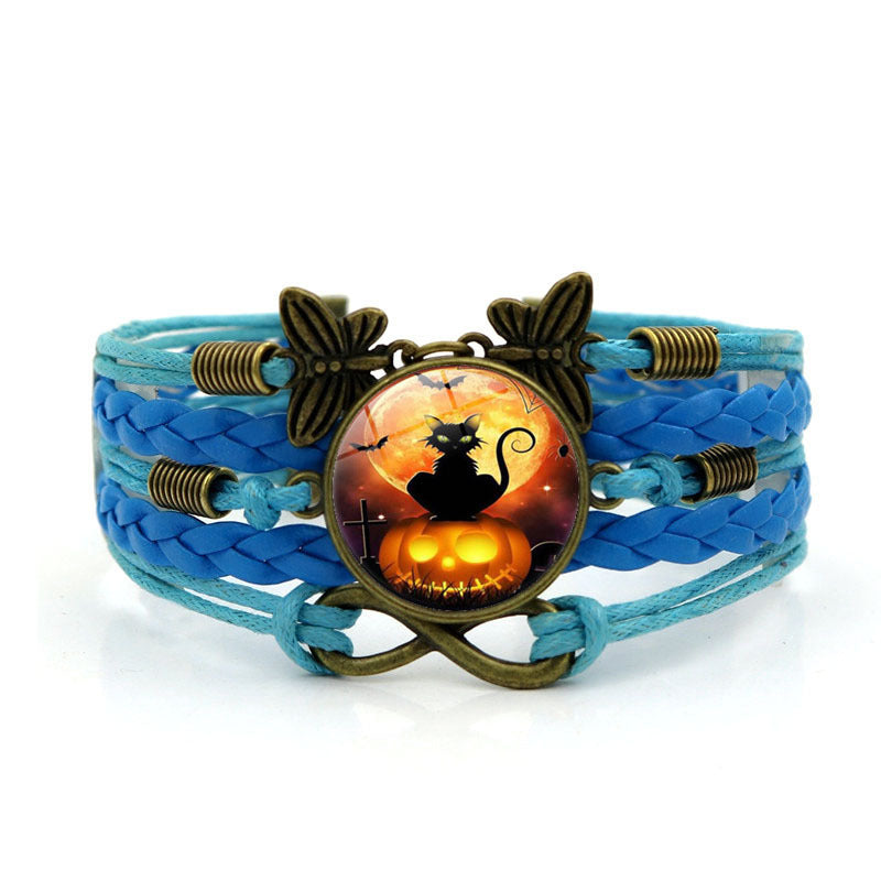 Wholesale of New Halloween Black Cat Time Gemstone Butterfly 8-character Alloy Bracelet