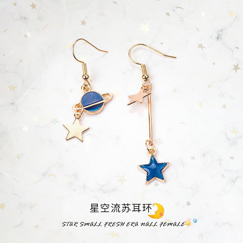 Wholesale Girl' s Heart Asymmetric Earrings Blue Star Moon Universe Planet Earrings