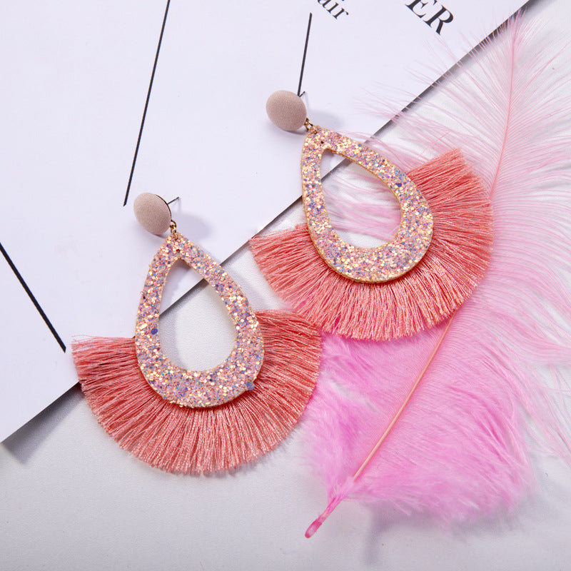 Wholesale Exaggerated Tassel Geometric Water Drop Hollow Diamond Earrings