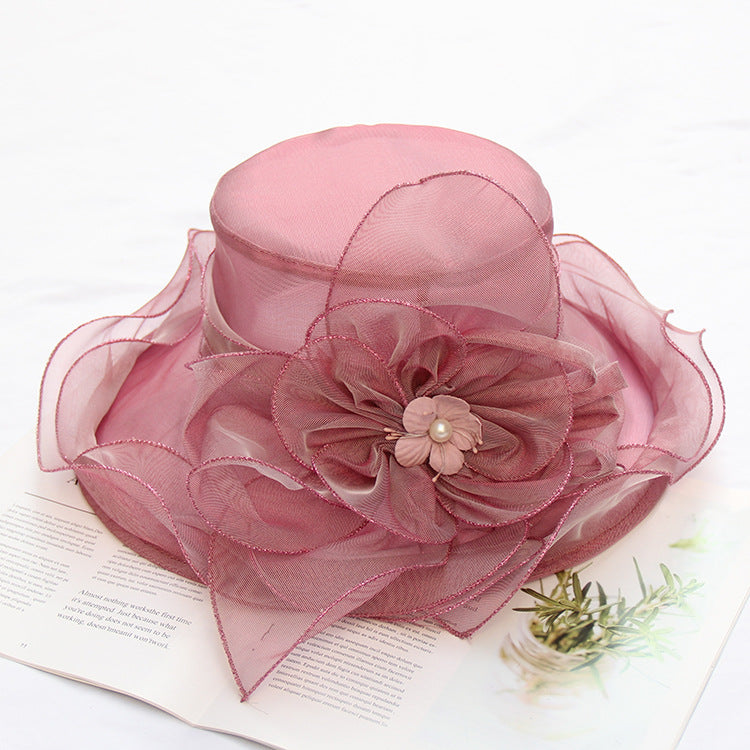 Wholesale Mesh Sun Hat Organza Flower Pot Hat Big Eaves Foldable Beach Sun Hat