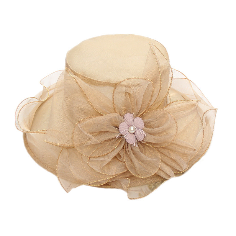 Wholesale Mesh Sun Hat Organza Flower Pot Hat Big Eaves Foldable Beach Sun Hat