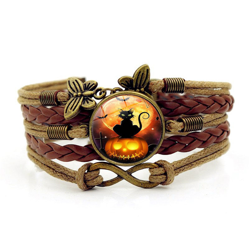 Wholesale of New Halloween Black Cat Time Gemstone Butterfly 8-character Alloy Bracelet