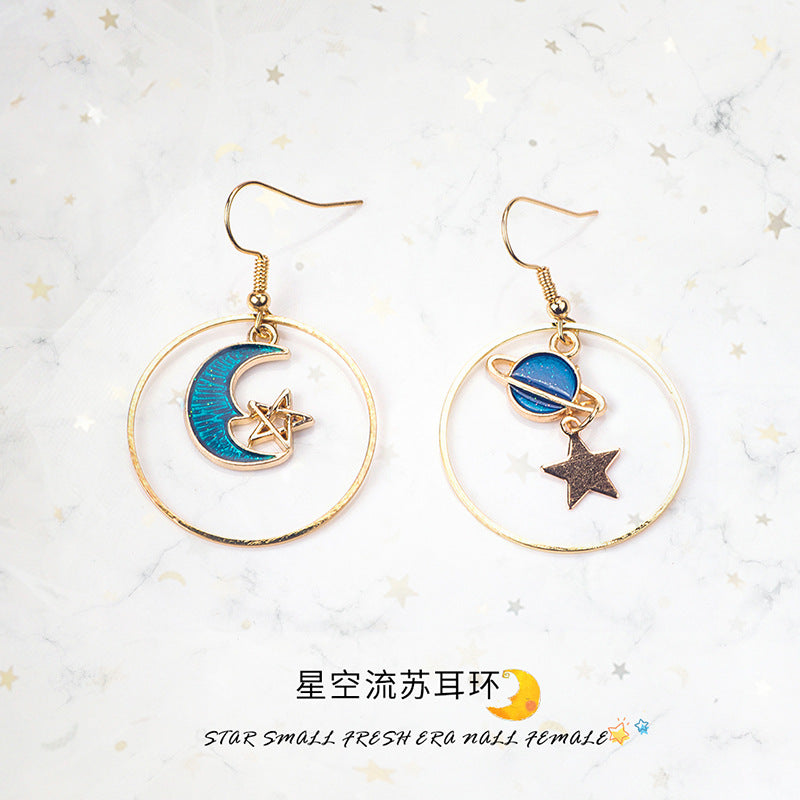 Wholesale Girl' s Heart Asymmetric Earrings Blue Star Moon Universe Planet Earrings