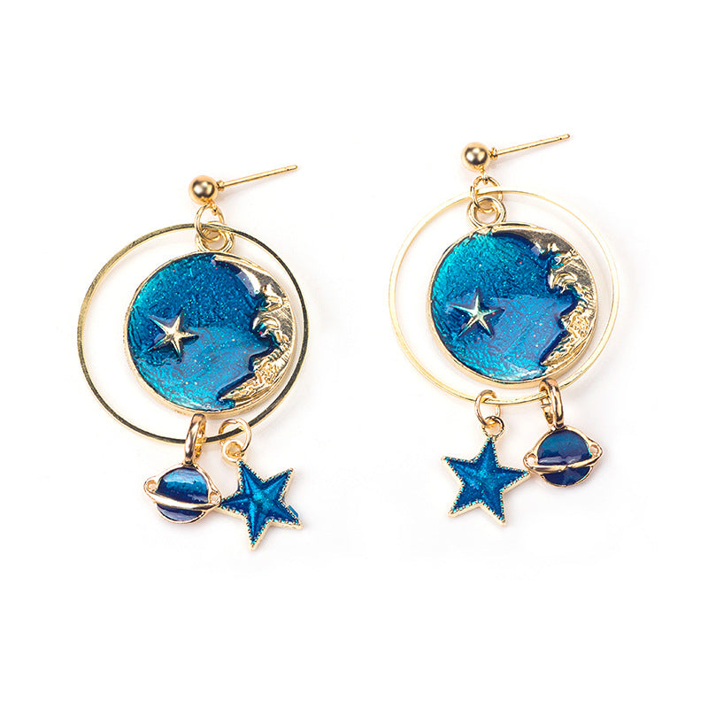 Wholesale Girl' s Heart Asymmetric Earrings Blue Star Moon Universe Planet Earrings