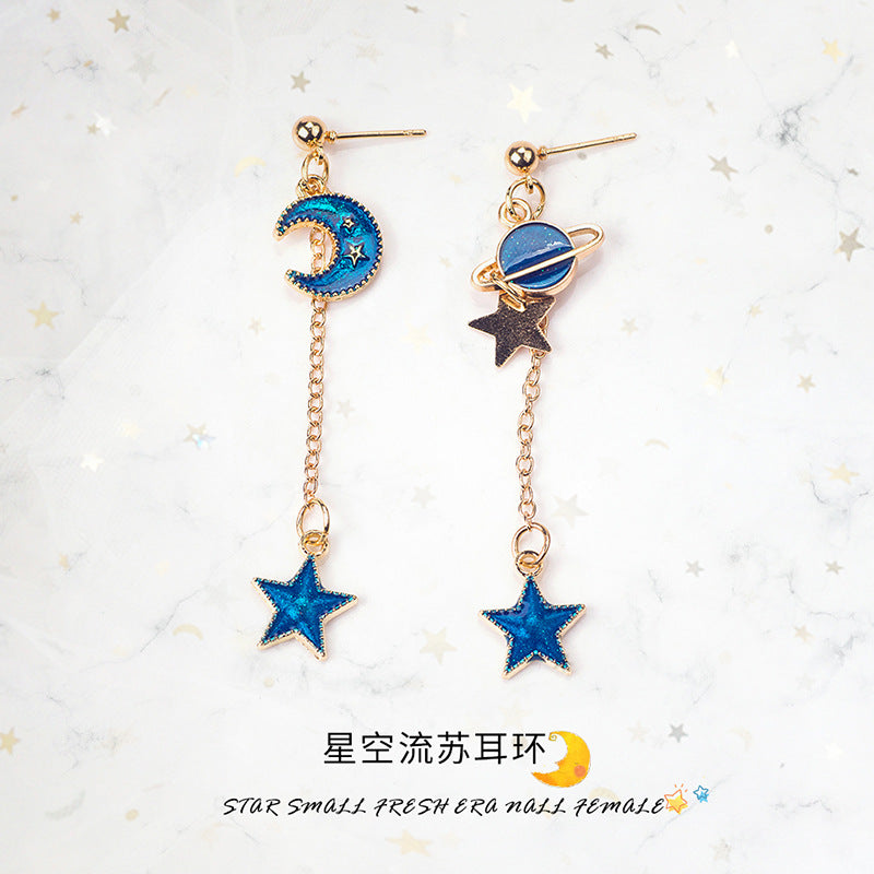 Wholesale Girl' s Heart Asymmetric Earrings Blue Star Moon Universe Planet Earrings