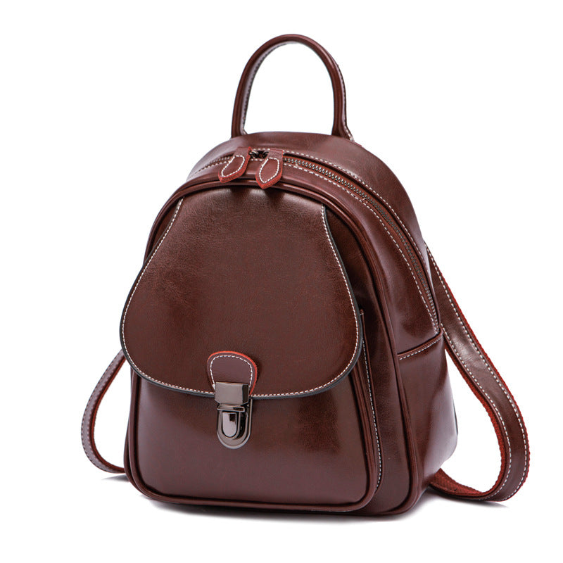 Wholesale Retro college genuine leather women' s bag waxed leather backpack